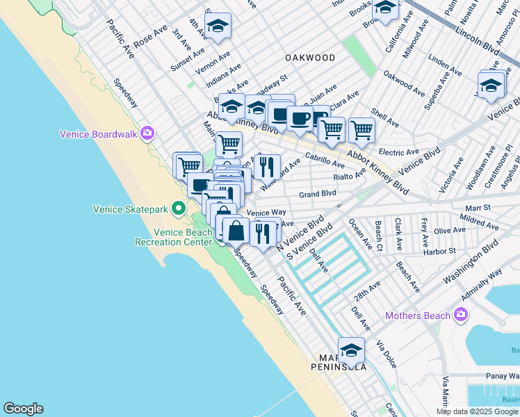 map of restaurants, bars, coffee shops, grocery stores, and more near 218 Venice Way in Los Angeles