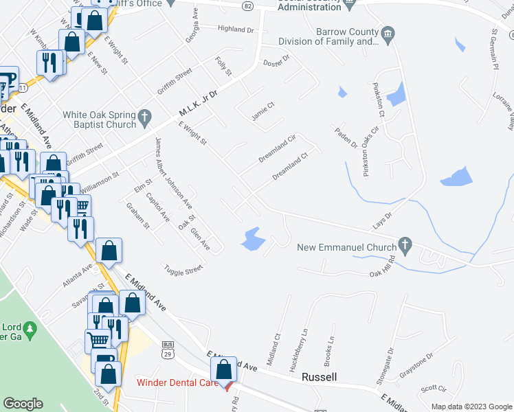 map of restaurants, bars, coffee shops, grocery stores, and more near 416 Harpy Eagle Drive in Winder