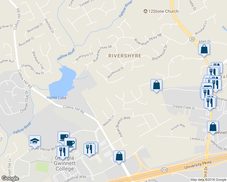 map of restaurants, bars, coffee shops, grocery stores, and more near 70 Victoria Station Boulevard Northeast in Lawrenceville