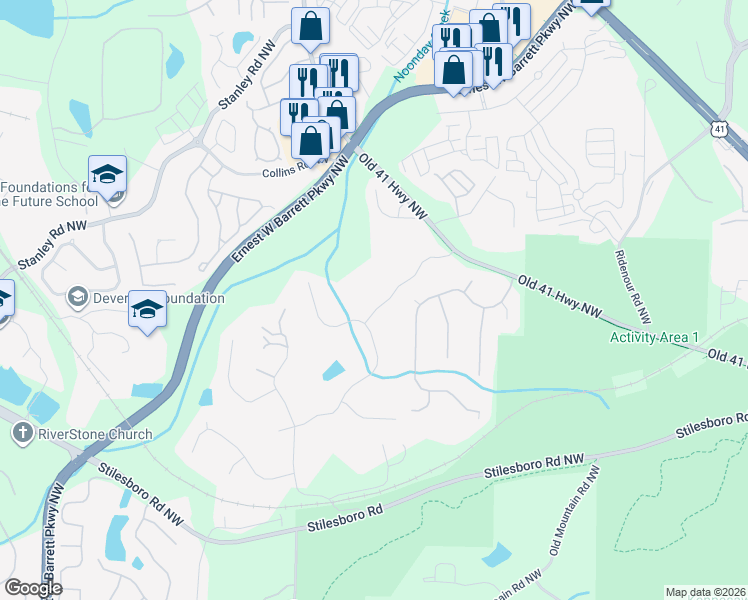 map of restaurants, bars, coffee shops, grocery stores, and more near 1460 Mountain Reserve Drive in Kennesaw