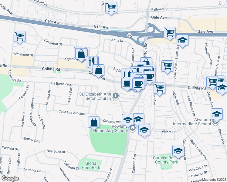 map of restaurants, bars, coffee shops, grocery stores, and more near in City of Industry