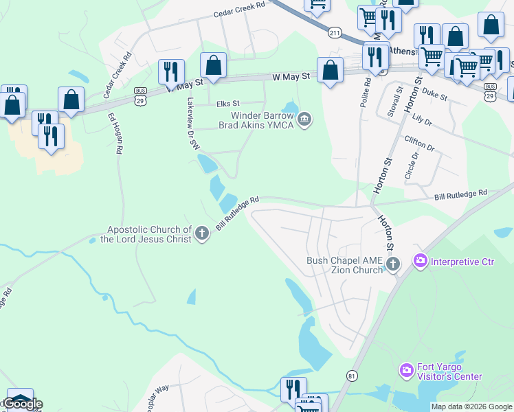 map of restaurants, bars, coffee shops, grocery stores, and more near 2056 Massey Lane in Winder