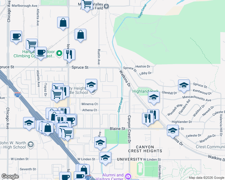 map of restaurants, bars, coffee shops, grocery stores, and more near 2857 Don Goodwin Drive in Riverside
