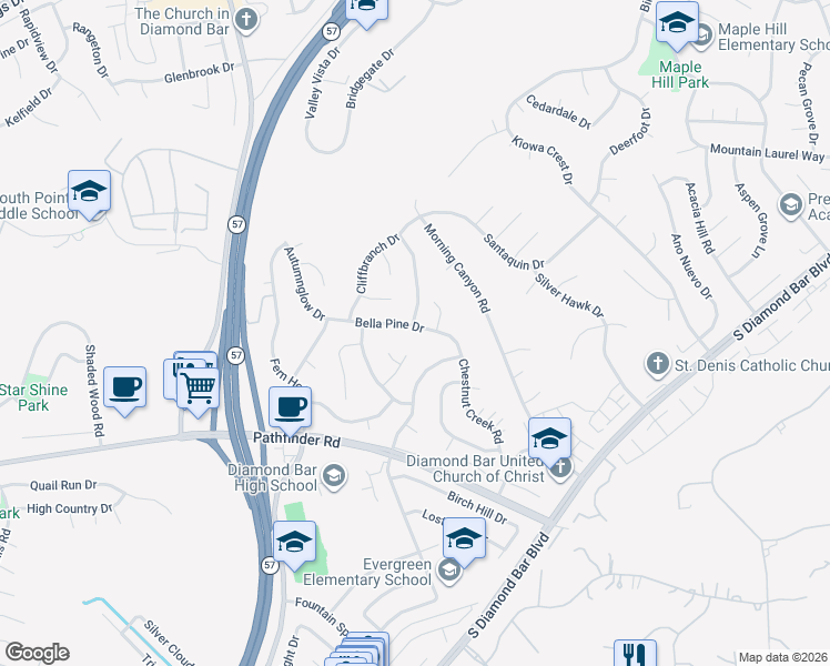 map of restaurants, bars, coffee shops, grocery stores, and more near 21552 Carriso Road in Diamond Bar