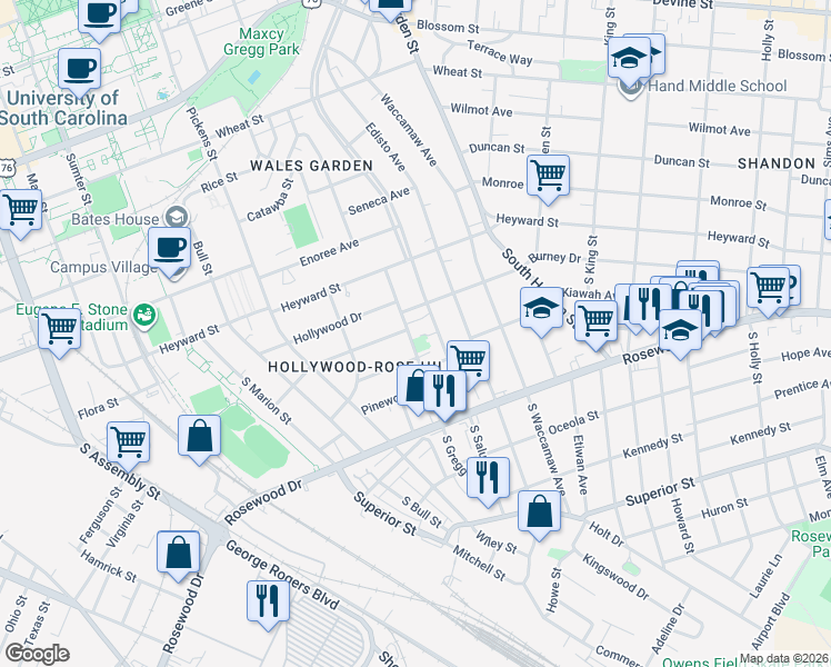 map of restaurants, bars, coffee shops, grocery stores, and more near 214 South Gregg Street in Columbia