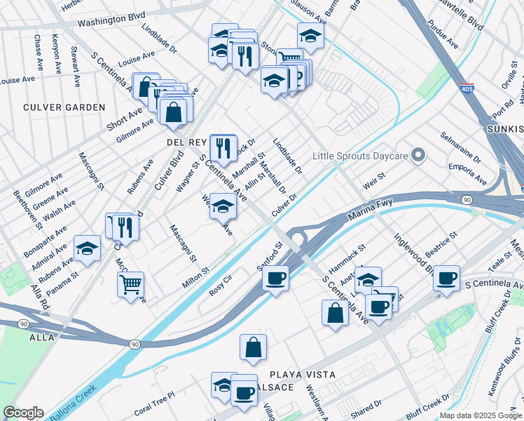 map of restaurants, bars, coffee shops, grocery stores, and more near 4964 South Centinela Avenue in Los Angeles