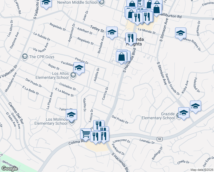 map of restaurants, bars, coffee shops, grocery stores, and more near 15729 Los Altos Drive in Hacienda Heights