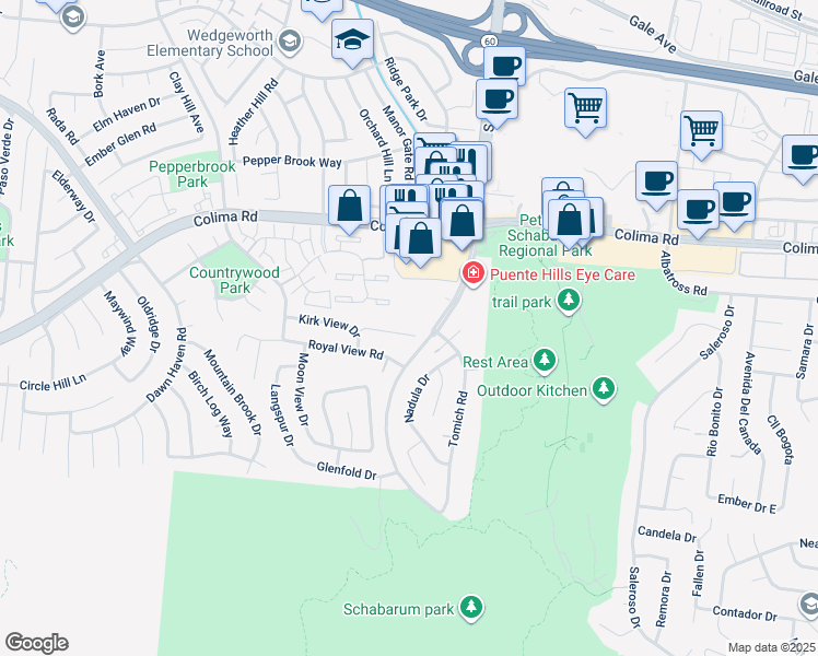 map of restaurants, bars, coffee shops, grocery stores, and more near 17173 Highwood Road in Hacienda Heights