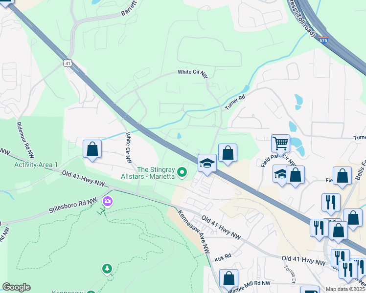 map of restaurants, bars, coffee shops, grocery stores, and more near 709 Trevett Way in Marietta