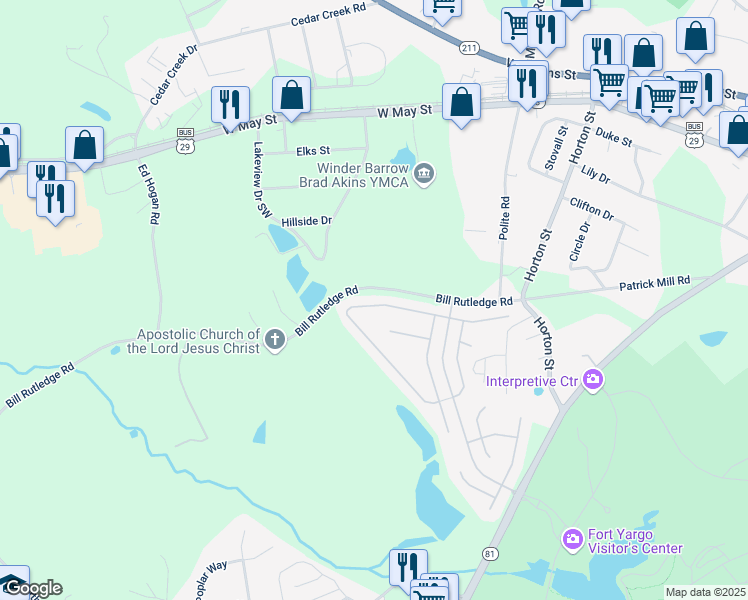 map of restaurants, bars, coffee shops, grocery stores, and more near 2053 Massey Lane in Winder