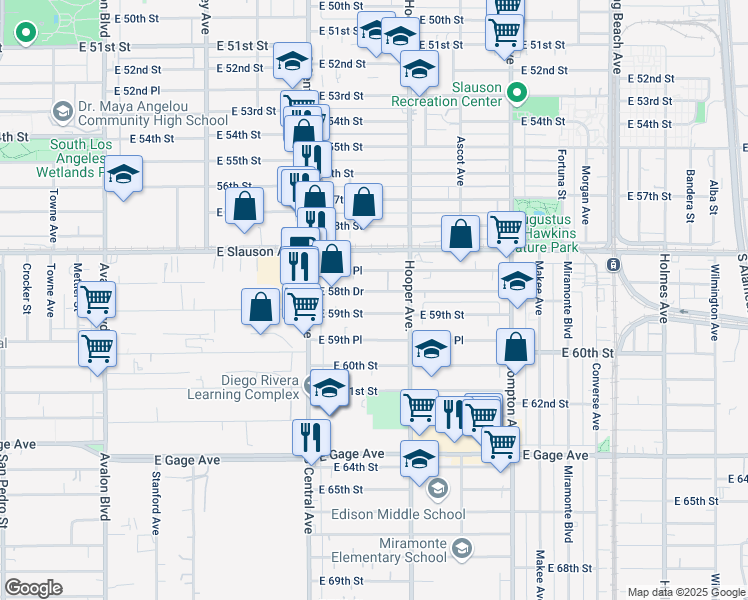 map of restaurants, bars, coffee shops, grocery stores, and more near 1200 East 59th Street in Los Angeles