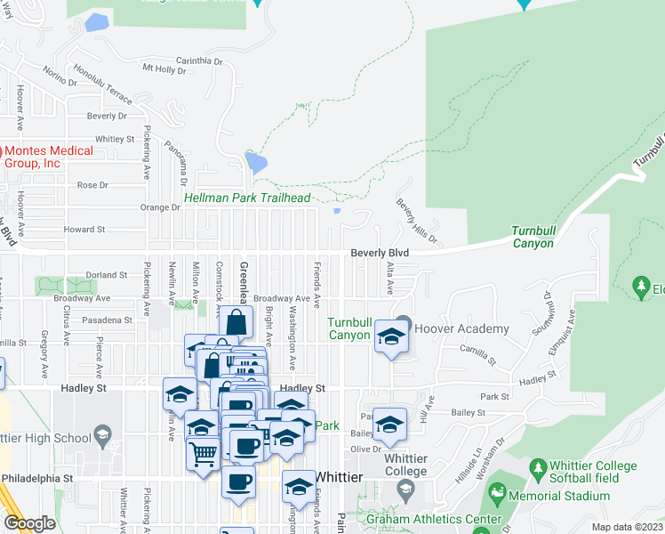 map of restaurants, bars, coffee shops, grocery stores, and more near 6017 Painter Avenue in Whittier
