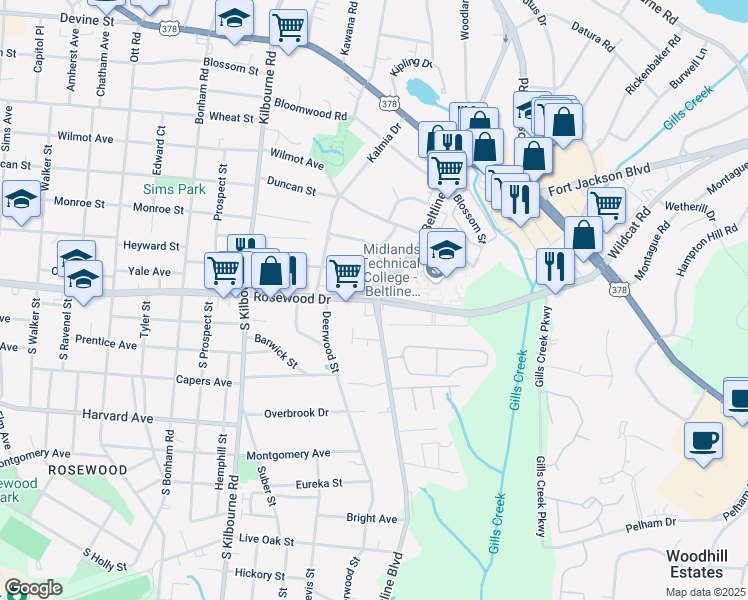 map of restaurants, bars, coffee shops, grocery stores, and more near Rosewood Dr & S Beltline Blvd in Columbia