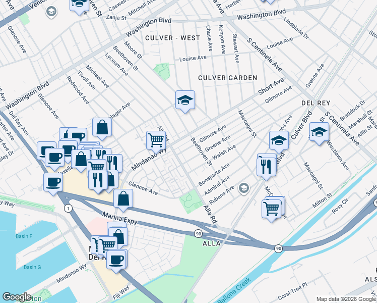 map of restaurants, bars, coffee shops, grocery stores, and more near 12930 Gilmore Avenue in Los Angeles