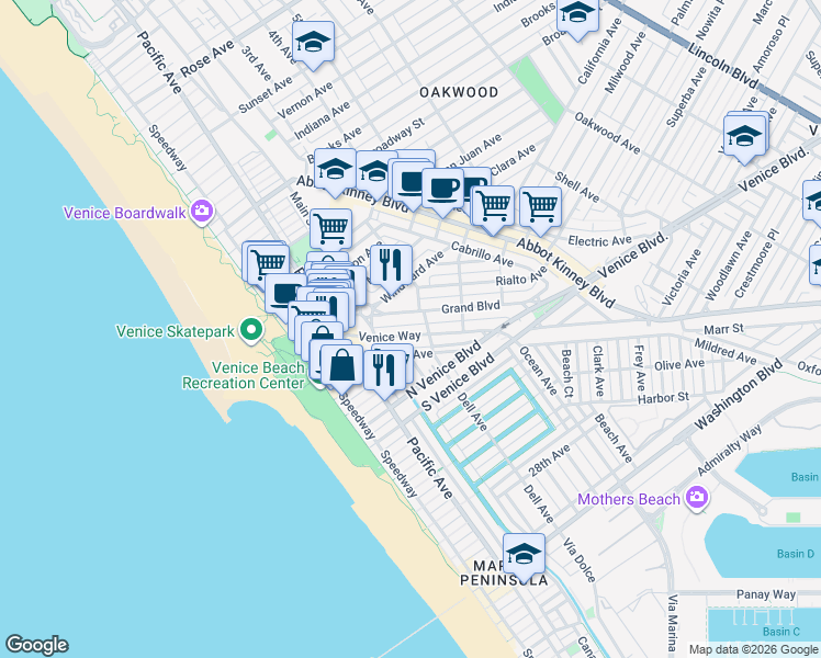 map of restaurants, bars, coffee shops, grocery stores, and more near 313 Venice Way in Los Angeles