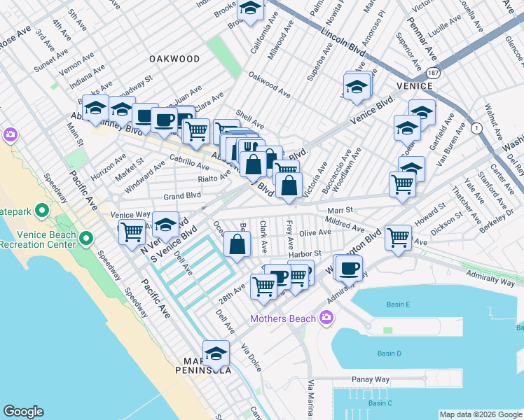 map of restaurants, bars, coffee shops, grocery stores, and more near 1774 Washington Way in Los Angeles