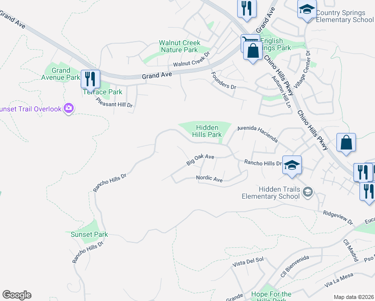 map of restaurants, bars, coffee shops, grocery stores, and more near 14637 Chisholm Trail in Chino Hills