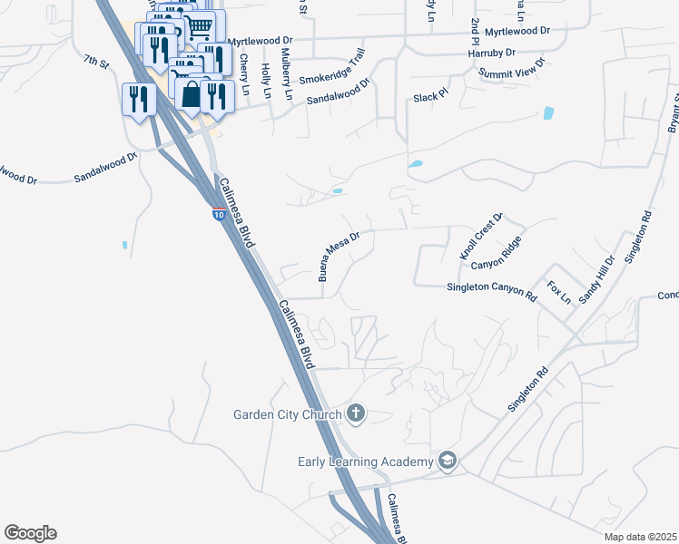 map of restaurants, bars, coffee shops, grocery stores, and more near 34871 Buena Mesa Drive in Calimesa