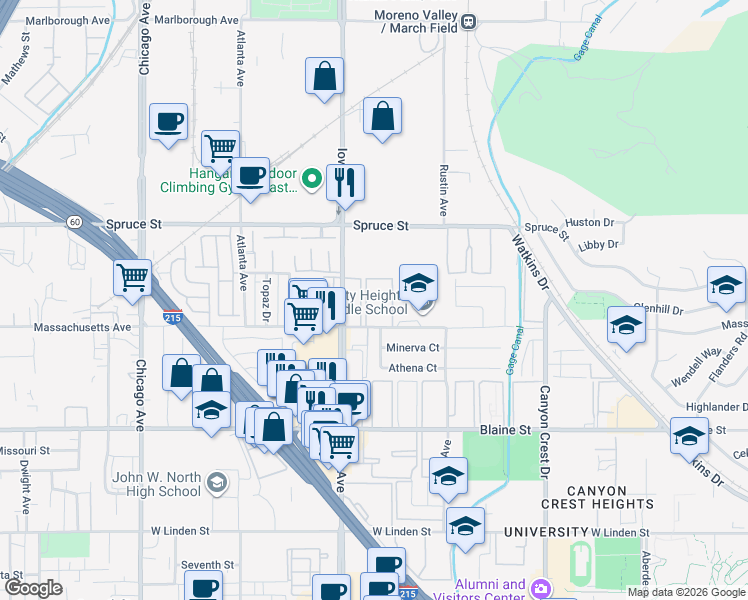 map of restaurants, bars, coffee shops, grocery stores, and more near 1251 Massachusetts Avenue in Riverside
