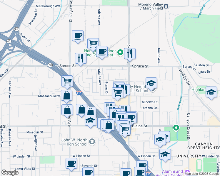 map of restaurants, bars, coffee shops, grocery stores, and more near 1331 Turquoise Street in Riverside