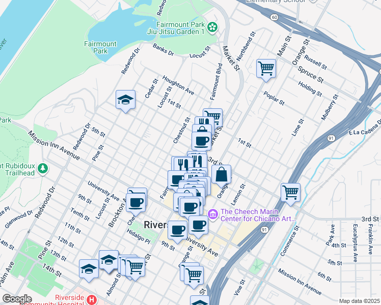 map of restaurants, bars, coffee shops, grocery stores, and more near 3861 4th Street in Riverside