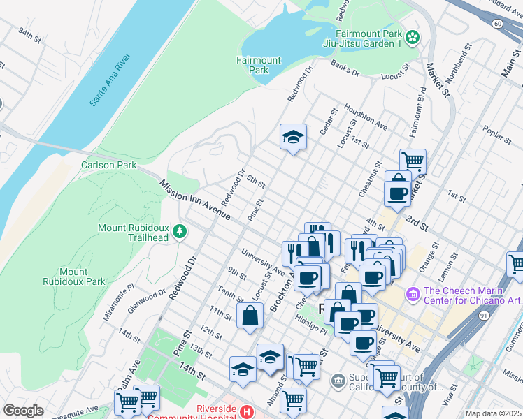 map of restaurants, bars, coffee shops, grocery stores, and more near 4352 6th Street in Riverside