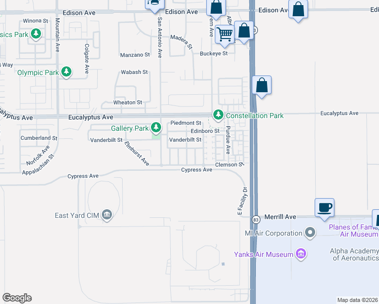 map of restaurants, bars, coffee shops, grocery stores, and more near 14611 Westfield Avenue in Chino