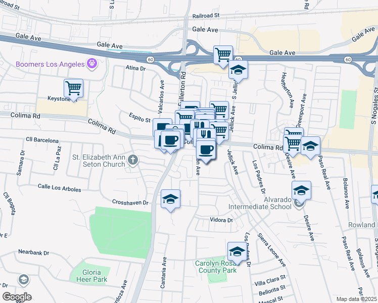 map of restaurants, bars, coffee shops, grocery stores, and more near 18378 Camino Bello in Rowland Heights