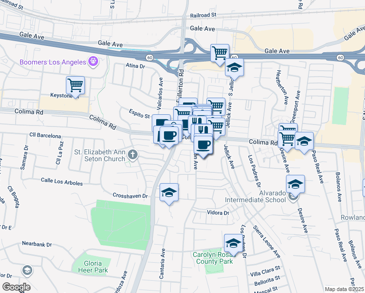 map of restaurants, bars, coffee shops, grocery stores, and more near 18378 Camino Bello in Rowland Heights
