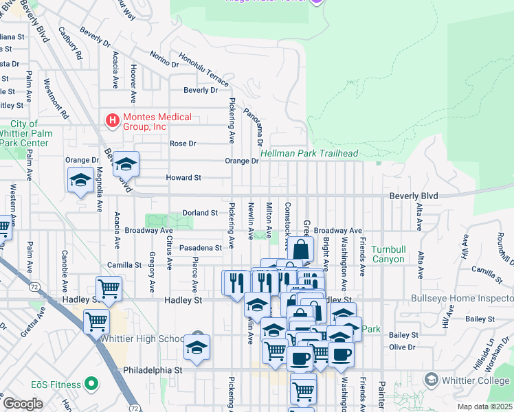 map of restaurants, bars, coffee shops, grocery stores, and more near 6037 Newlin Avenue in Whittier