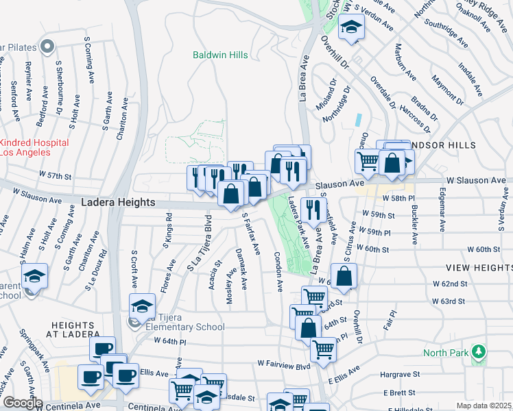 map of restaurants, bars, coffee shops, grocery stores, and more near 5836 1/2 Condon Avenue in View Park-Windsor Hills