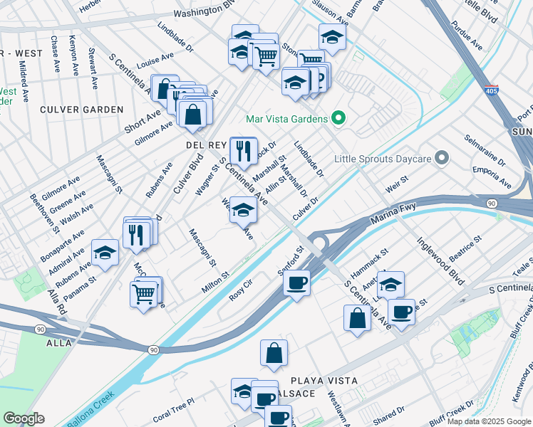 map of restaurants, bars, coffee shops, grocery stores, and more near 12428 Havelock Avenue in Los Angeles