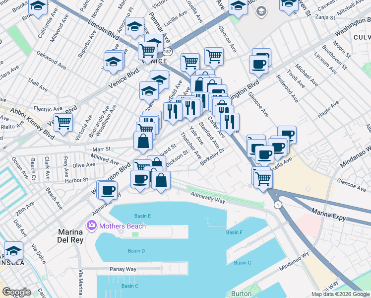 map of restaurants, bars, coffee shops, grocery stores, and more near 910 Dickson Street in Marina del Rey