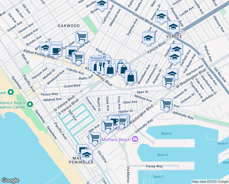 map of restaurants, bars, coffee shops, grocery stores, and more near 2322 Clement Avenue in Los Angeles
