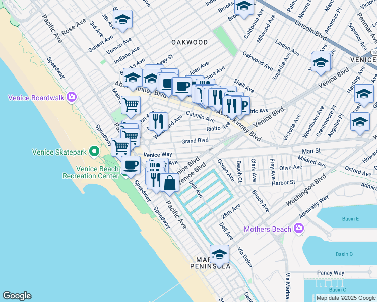 map of restaurants, bars, coffee shops, grocery stores, and more near 501 North Venice Boulevard in Los Angeles