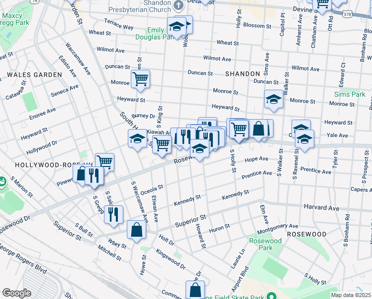 map of restaurants, bars, coffee shops, grocery stores, and more near in Columbia