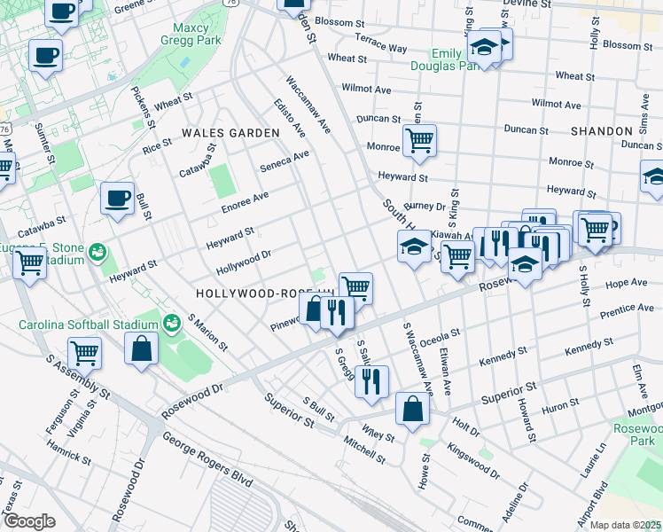 map of restaurants, bars, coffee shops, grocery stores, and more near 222 South Saluda Avenue in Columbia