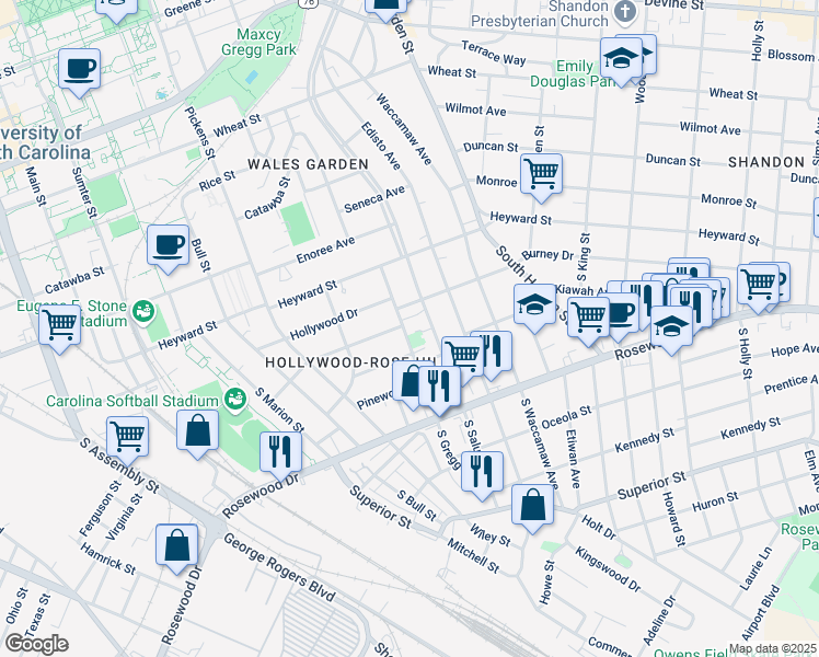 map of restaurants, bars, coffee shops, grocery stores, and more near 1731 Maplewood Drive in Columbia