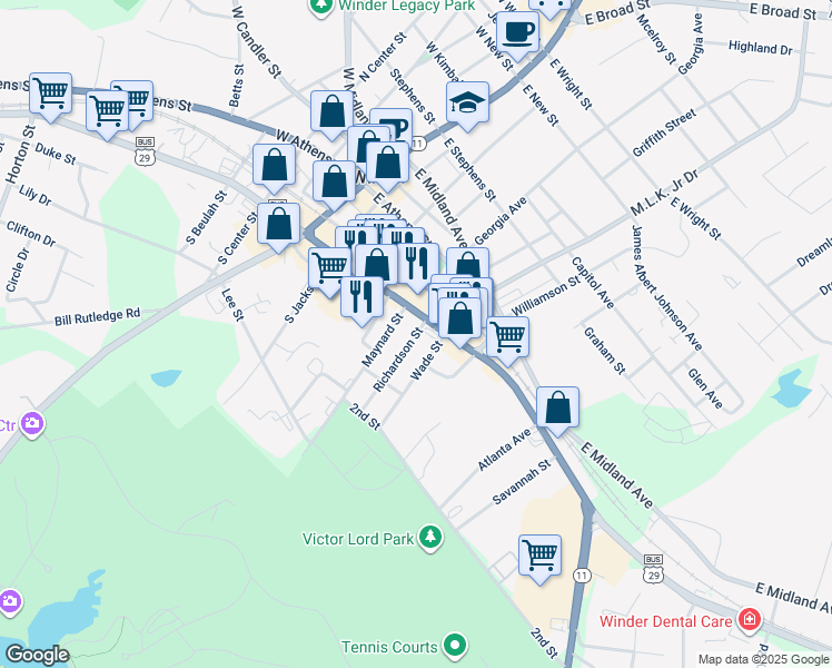 map of restaurants, bars, coffee shops, grocery stores, and more near 29 Richardson Street in Winder