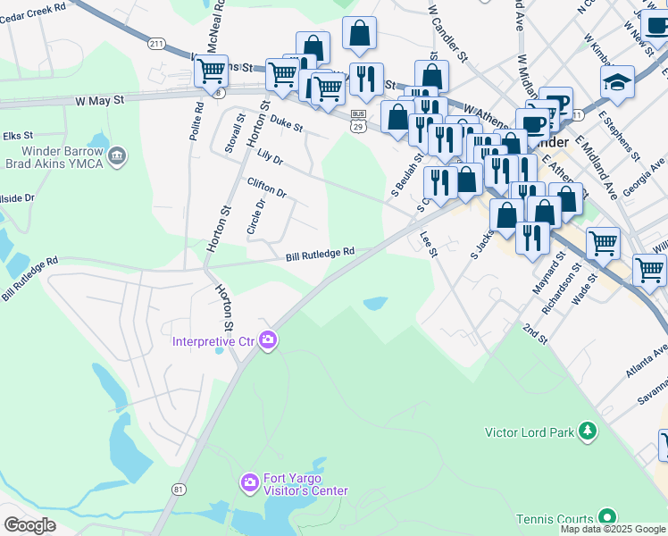 map of restaurants, bars, coffee shops, grocery stores, and more near 149 South Broad Street in Winder