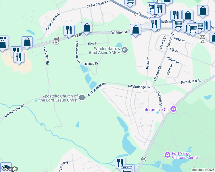 map of restaurants, bars, coffee shops, grocery stores, and more near 2057 Massey Lane in Winder