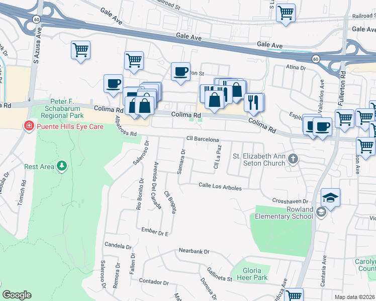map of restaurants, bars, coffee shops, grocery stores, and more near 1854 Samara Drive in Rowland Heights