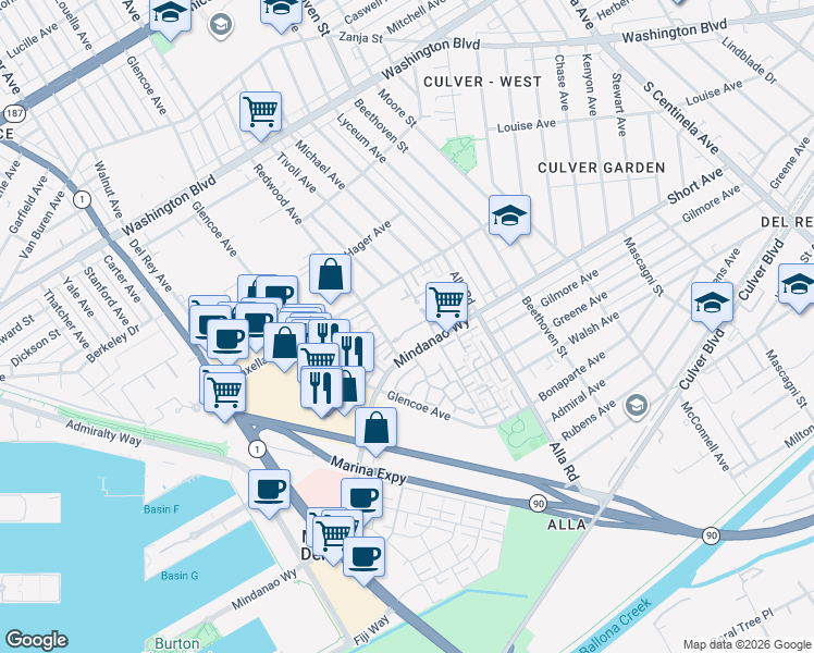 map of restaurants, bars, coffee shops, grocery stores, and more near 4338 Redwood Avenue in Marina del Rey