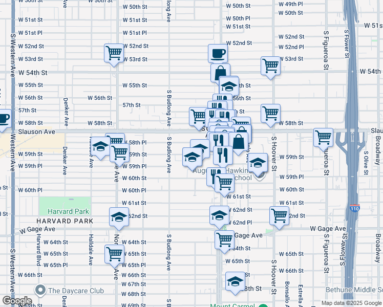 map of restaurants, bars, coffee shops, grocery stores, and more near 1107 1/2 West 59th Street in Los Angeles