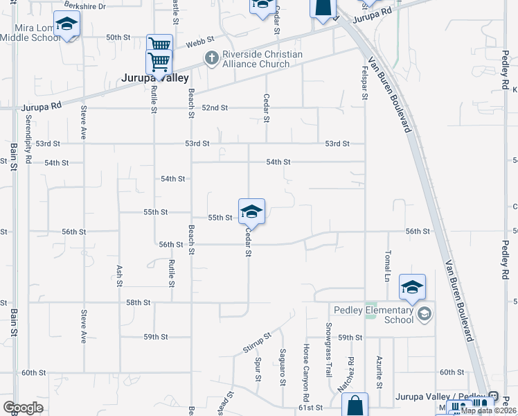 map of restaurants, bars, coffee shops, grocery stores, and more near 5498 Cedar Street in Jurupa Valley