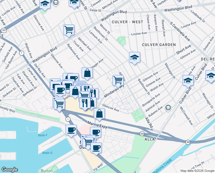 map of restaurants, bars, coffee shops, grocery stores, and more near 4338 Redwood Avenue in Marina del Rey