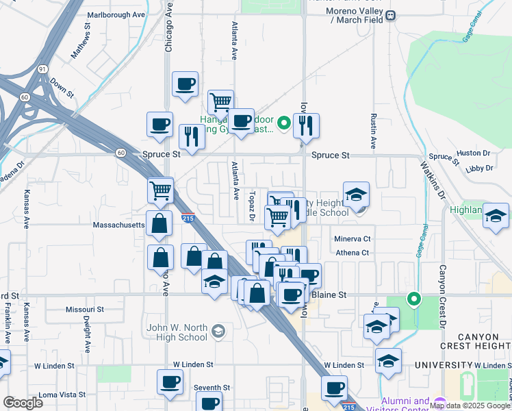 map of restaurants, bars, coffee shops, grocery stores, and more near 2750 Topaz Drive in Riverside