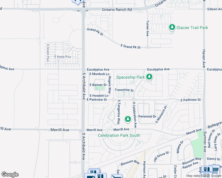 map of restaurants, bars, coffee shops, grocery stores, and more near 4733 Rogers Way in Ontario