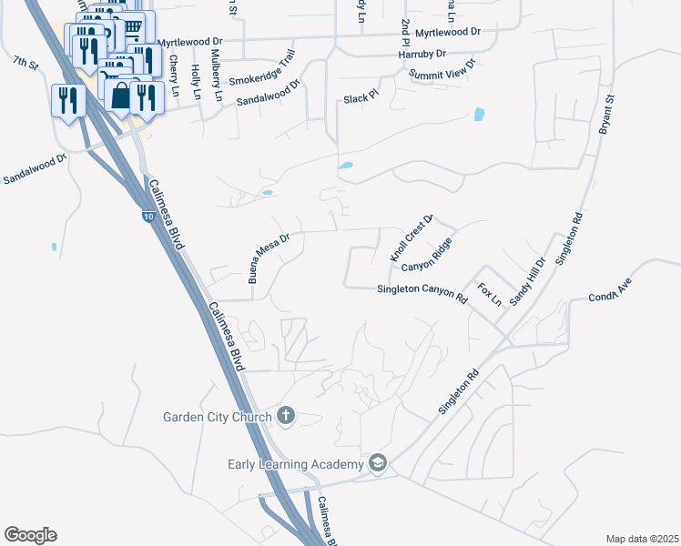 map of restaurants, bars, coffee shops, grocery stores, and more near 107 Parkview Drive in Calimesa