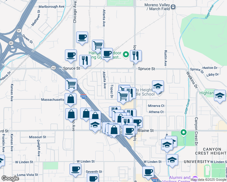 map of restaurants, bars, coffee shops, grocery stores, and more near 2750 Topaz Drive in Riverside